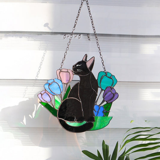 Black Cat In the Flower Bed Suncatcher