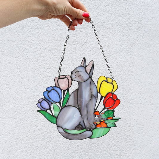 Lightish Grey Cat In the Flower Bed Suncatcher