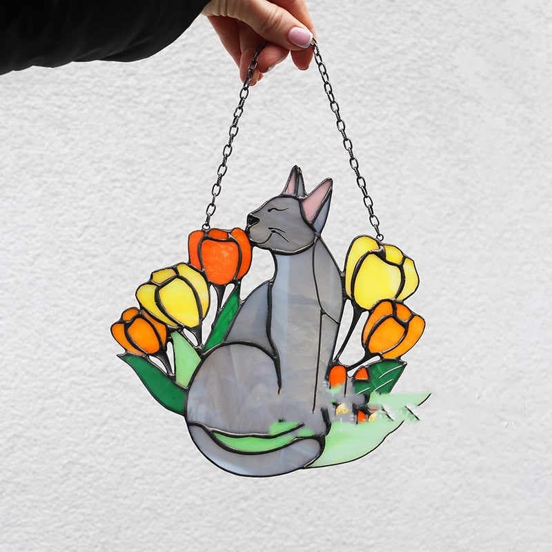 Darkish Grey Cat In the Flower Bed Suncatcher