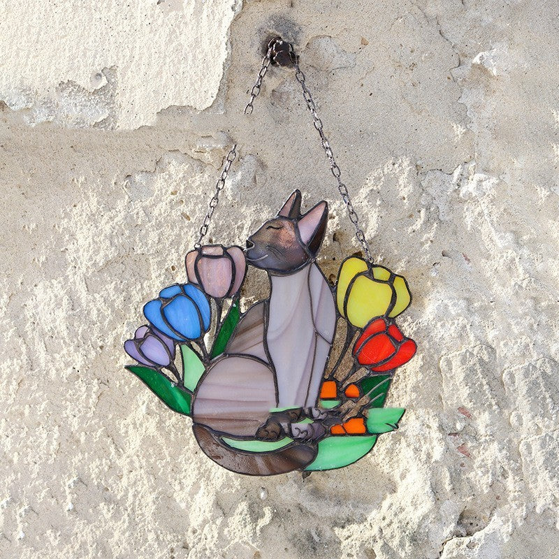 Oriental Cat In the Flower Bed Suncatcher